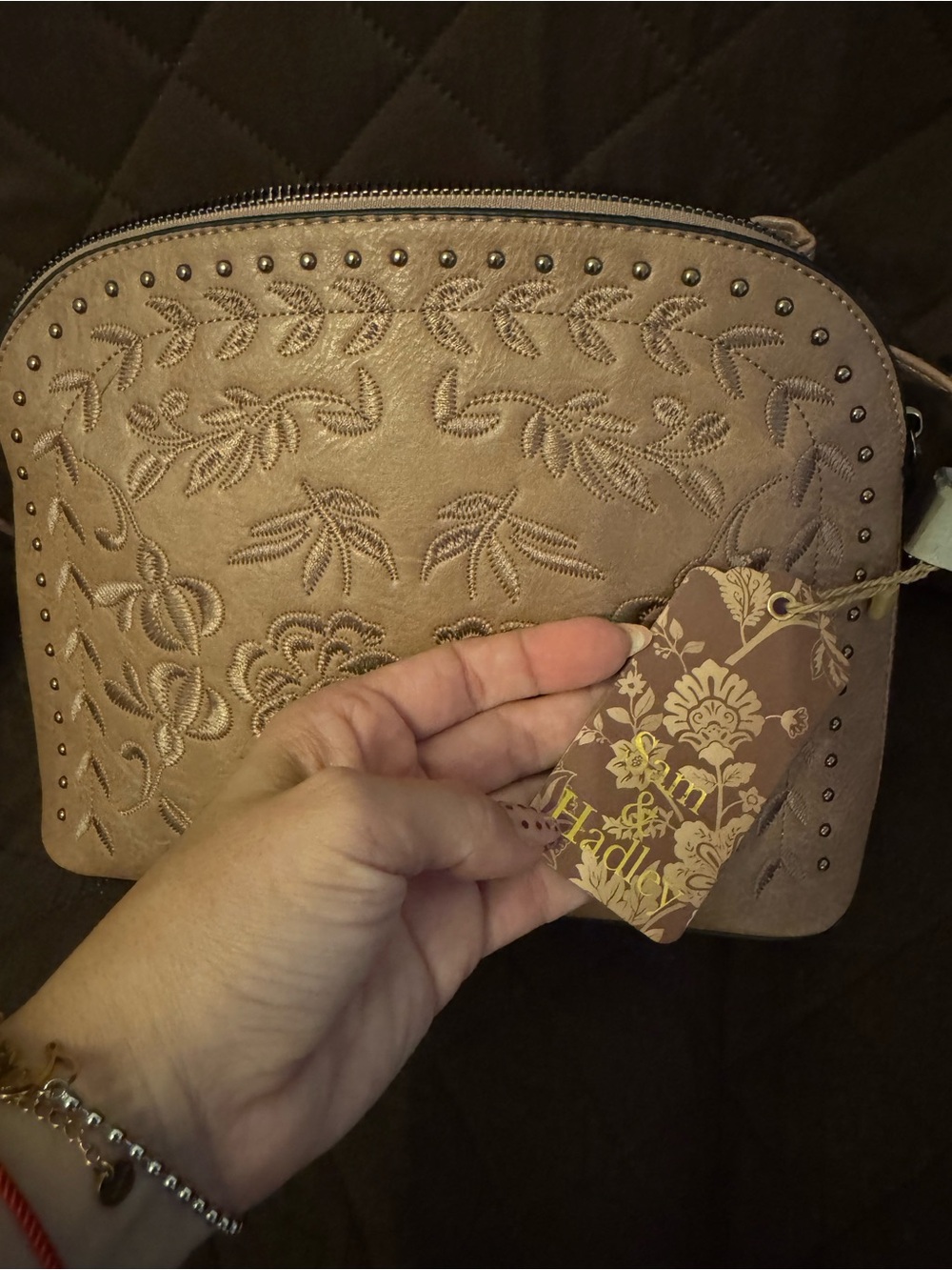 Hand-Tooled Floral Crossbody Bag - Taupe